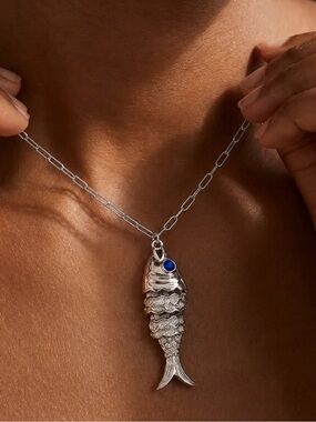 Silver Fish Pendant Necklace with Blue Accent